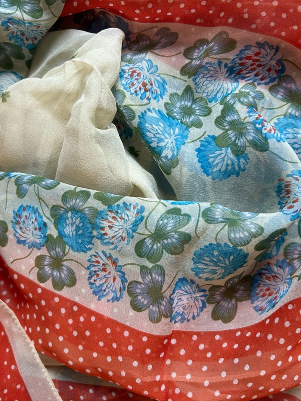 Vintage Country Road Blue Floral, Clover & Red Polka Dot Silk Scarf - Picture 4 of 5